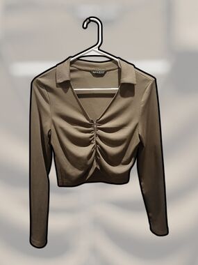 SHEIN Olive Ruched Collared Long Sleeve Crop Top